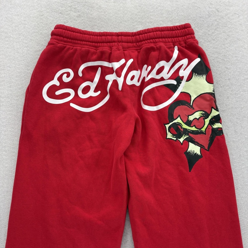 Ed Hardy Graphic Fleece Sweatpants Womens Medium Red Elastic Waist Lounge Y2K